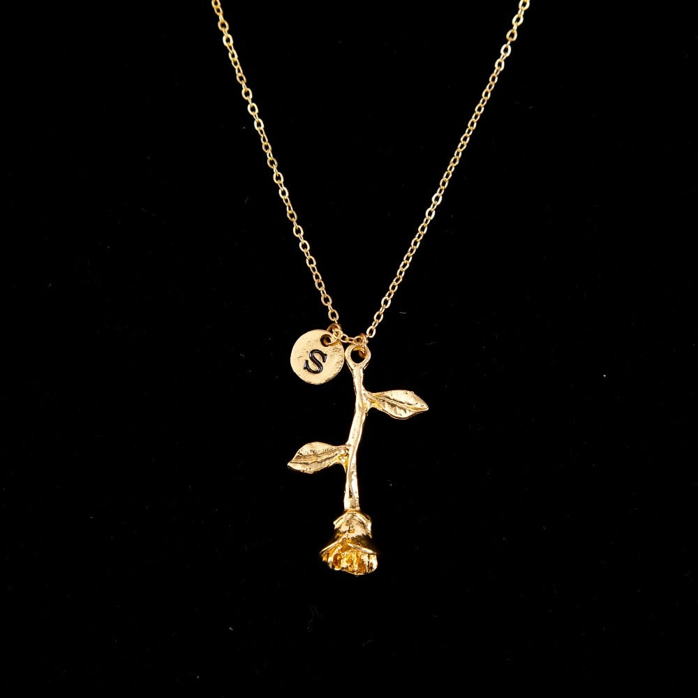 Initial Name Chain Necklace Beauty and the Beast Rose Flower  Love Gift