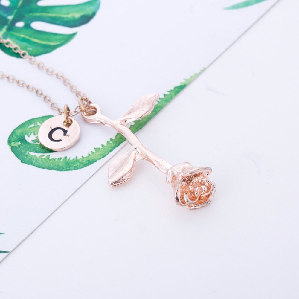 Initial Name Chain Necklace Beauty and the Beast Rose Flower  Love Gift