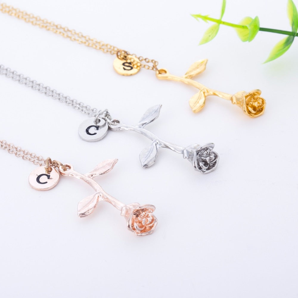 Initial Name Chain Necklace Beauty and the Beast Rose Flower  Love Gift
