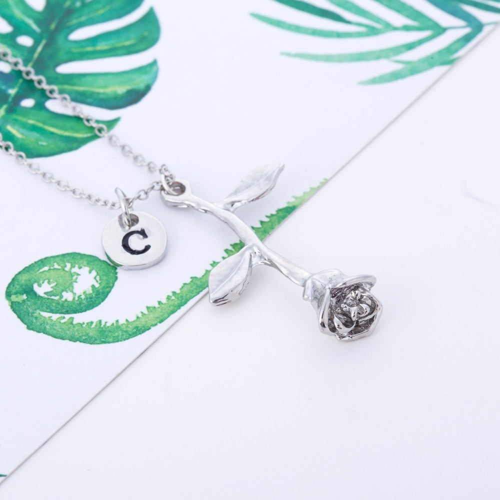 Initial Name Chain Necklace Beauty and the Beast Rose Flower  Love Gift