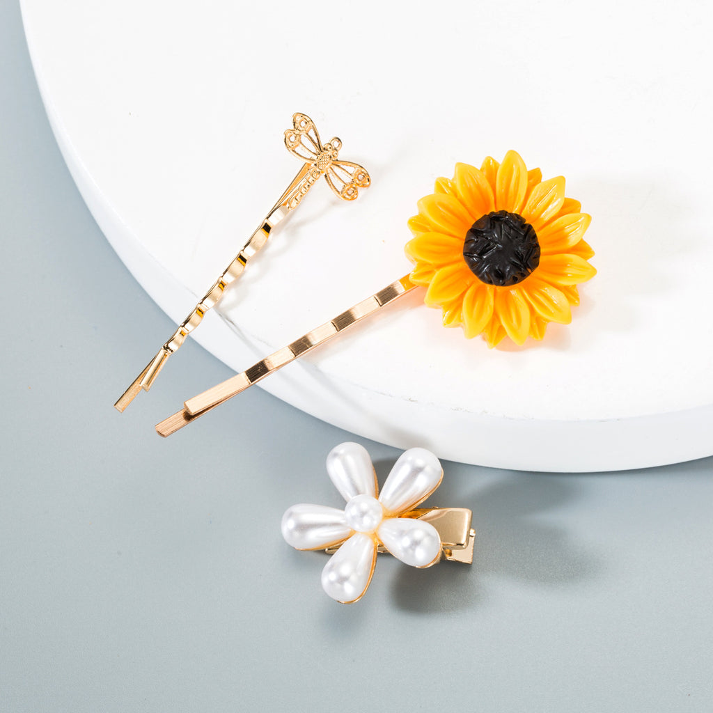 Pearl & Sunflower Hairpin Set (3-Piece)