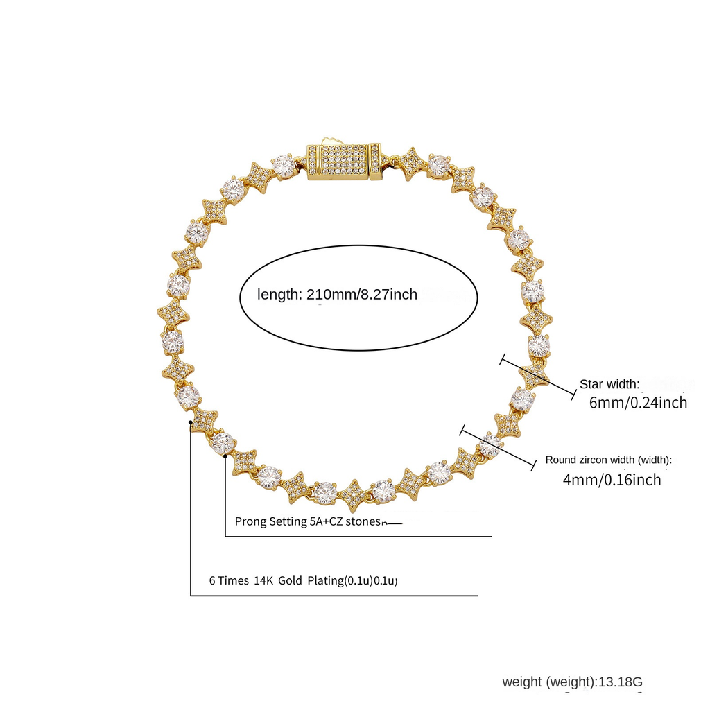 4MM Tennis Chain, 6MM Copper Zirconia Star Necklace, 8MM Starburst Bracelet Anklet, Factory