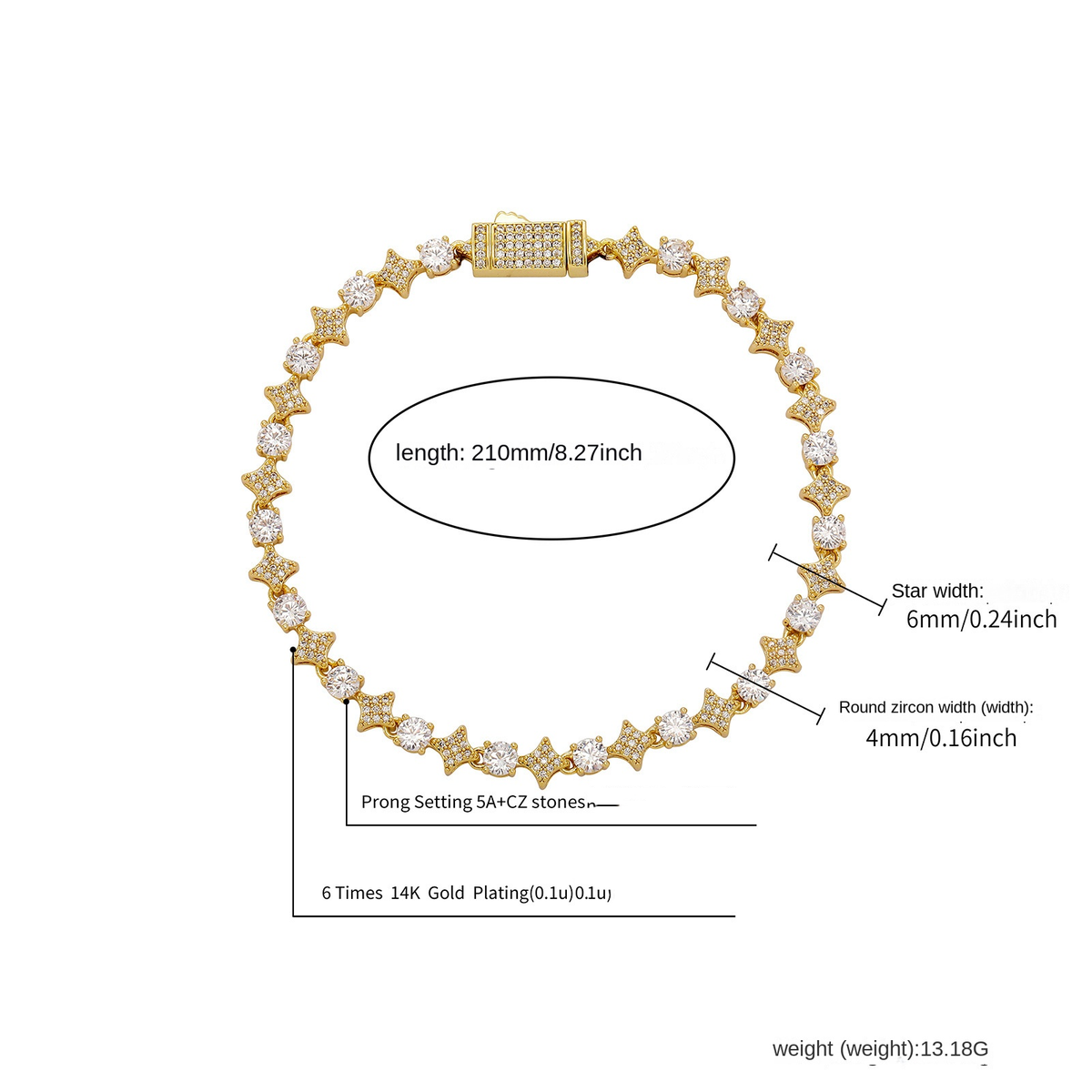 4MM Tennis Chain, 6MM Copper Zirconia Star Necklace, 8MM Starburst Bracelet Anklet, Factory