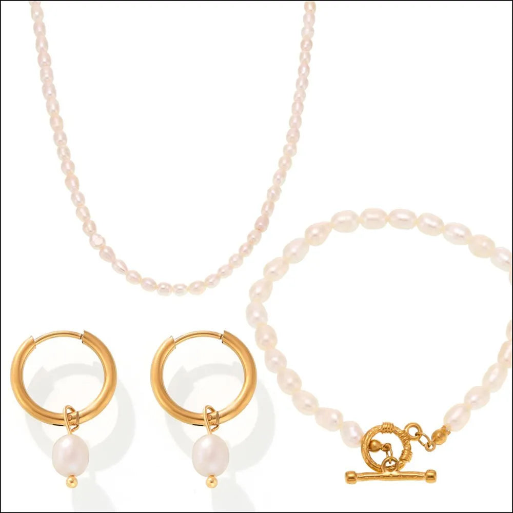 Pearl Necklace, Bracelet and Earrings 4-Piece Jewelry Set