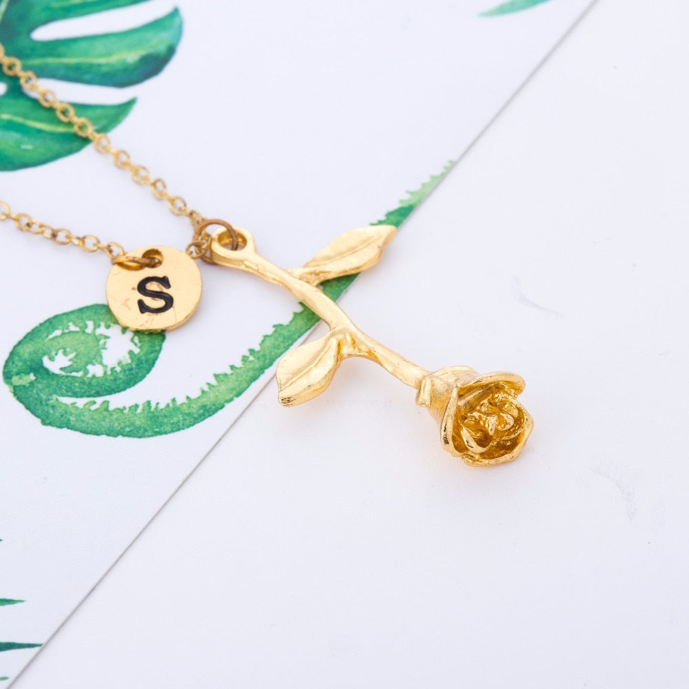 Initial Name Chain Necklace Beauty and the Beast Rose Flower  Love Gift