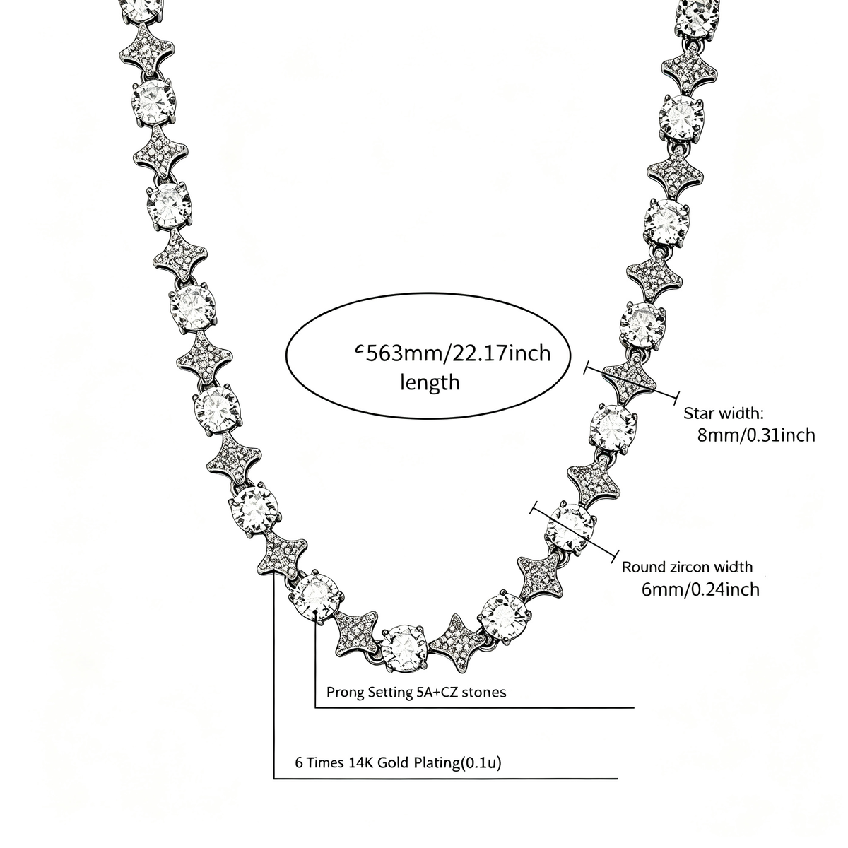 4MM Tennis Chain, 6MM Copper Zirconia Star Necklace, 8MM Starburst Bracelet Anklet, Factory